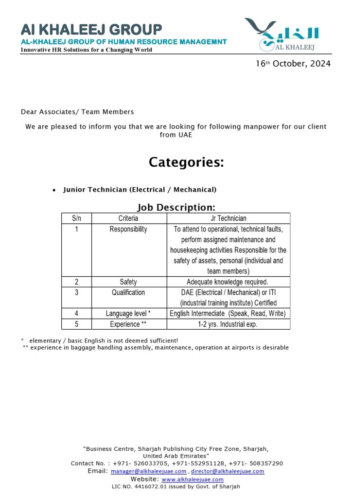 Junior Technician job opening UAE